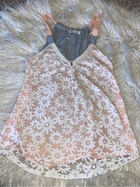 Jolt boho Pink Floral Lace Tank with Gray Trim
